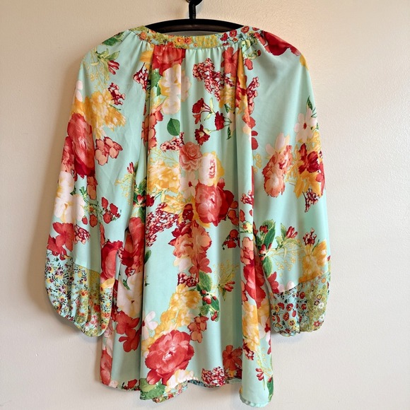 Fig & Flower V-Neck Floral 3/4 Sleeve Top Size L Festival Boho Feminine Fairy - Picture 6 of 14